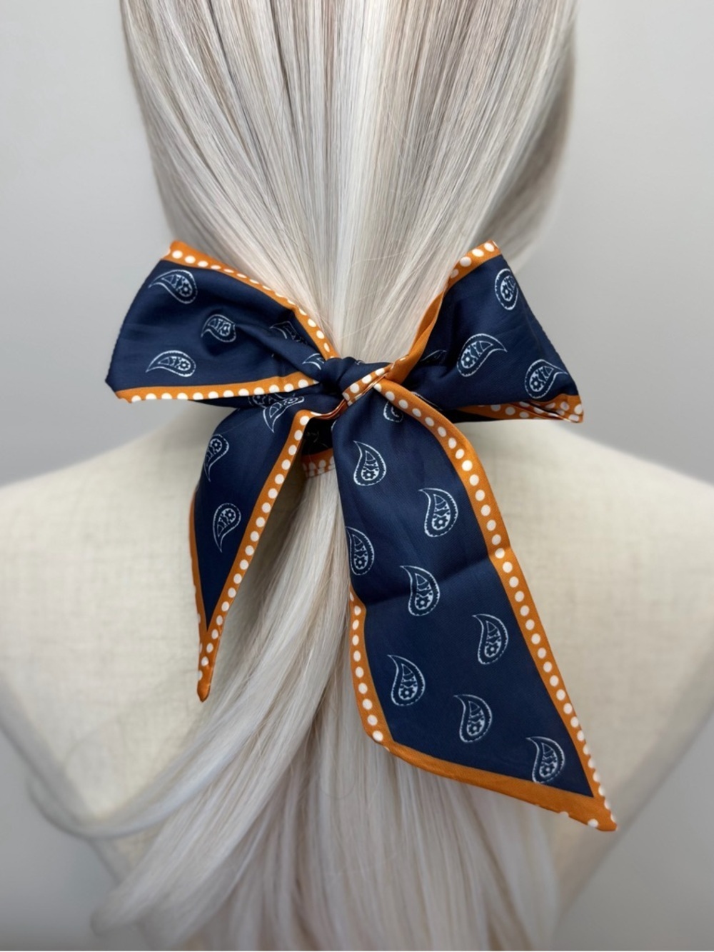 Navy Blue Paisley Skinny Scarf Orange Trim Hair Tie Twilly Neck Scarf